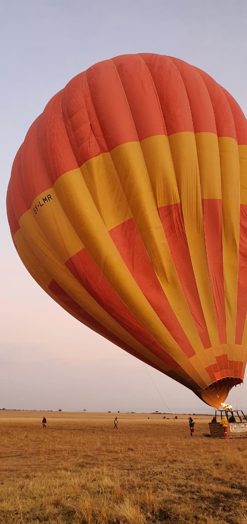 A red and yellow hot air balloon standing on open ground at dawn with crew working around the basket